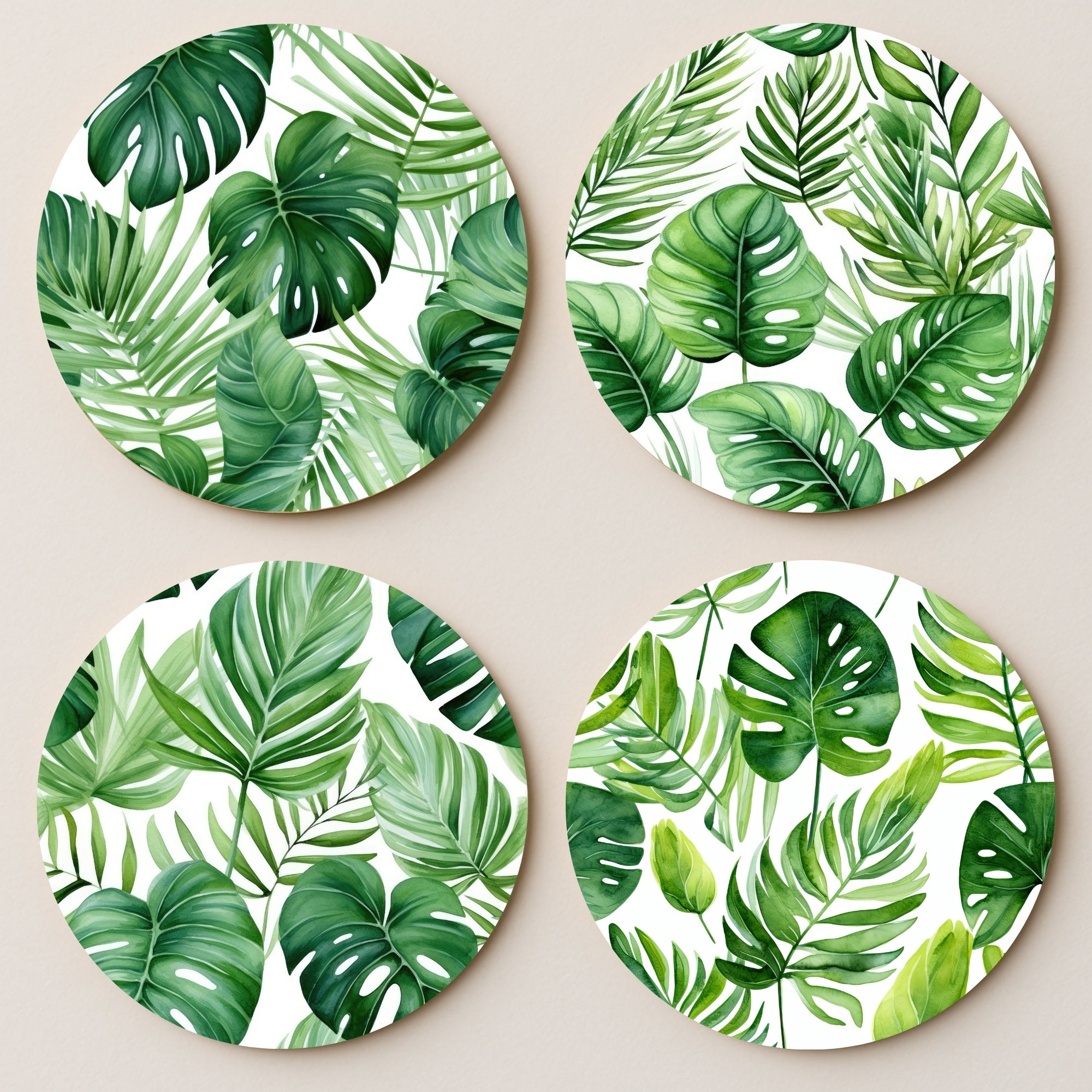 Watercolor Tropical Leaves MDF Coaster - Set Of 4