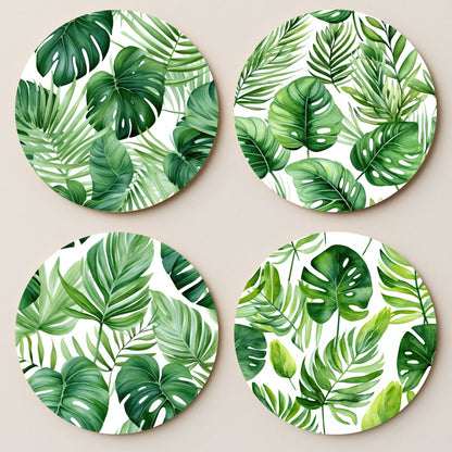 Watercolor Tropical Leaves MDF Coaster - Set Of 4